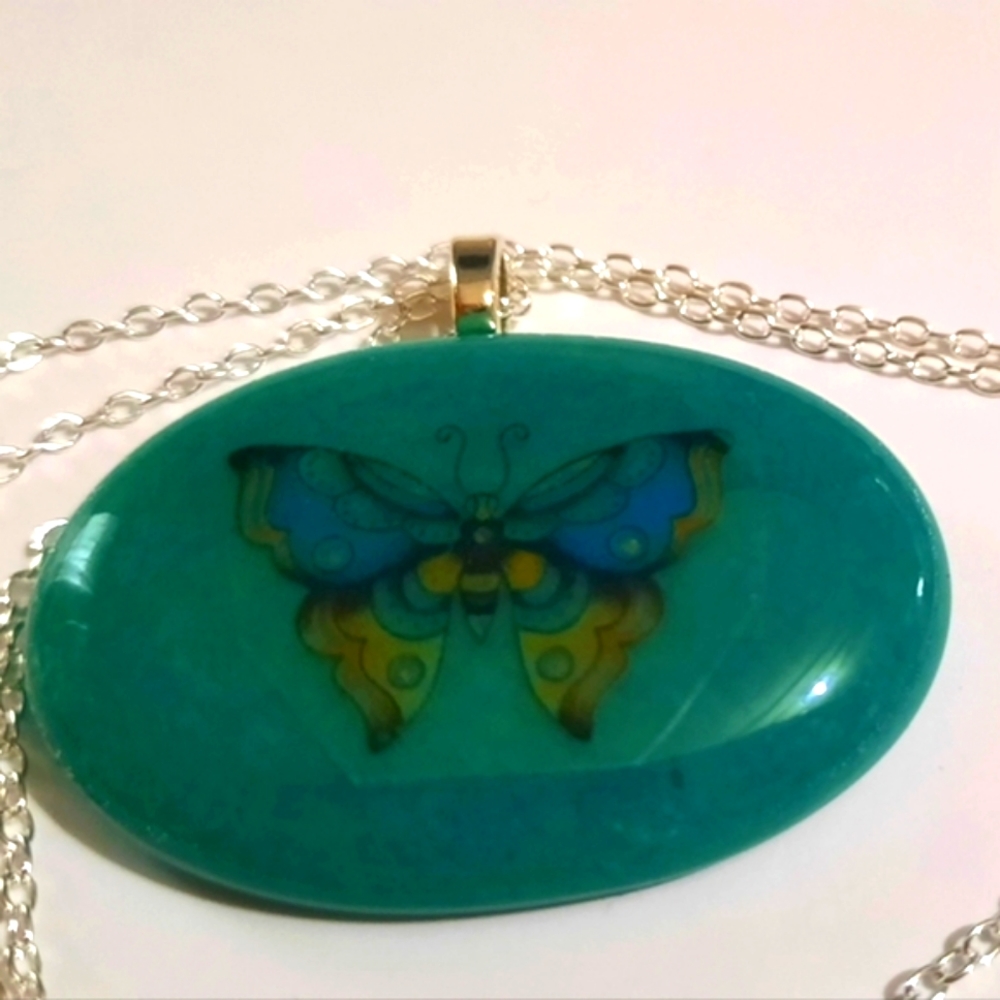 Hand Crafted Green Stained Glass Necklace with a Fused Butterfly Decal